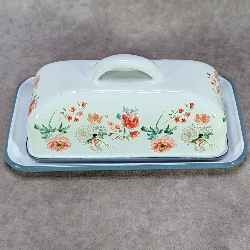 Floral Enamelware Covered Butter Dish Retro Shabby Chic Light Blue Trim 8.5"